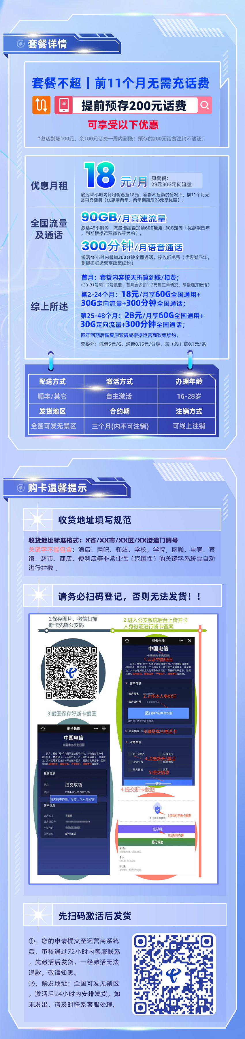 中国电信红星卡：18元/月享60G全国通用+30G定向+45G省内流量+300分钟通话(仅上架两天)